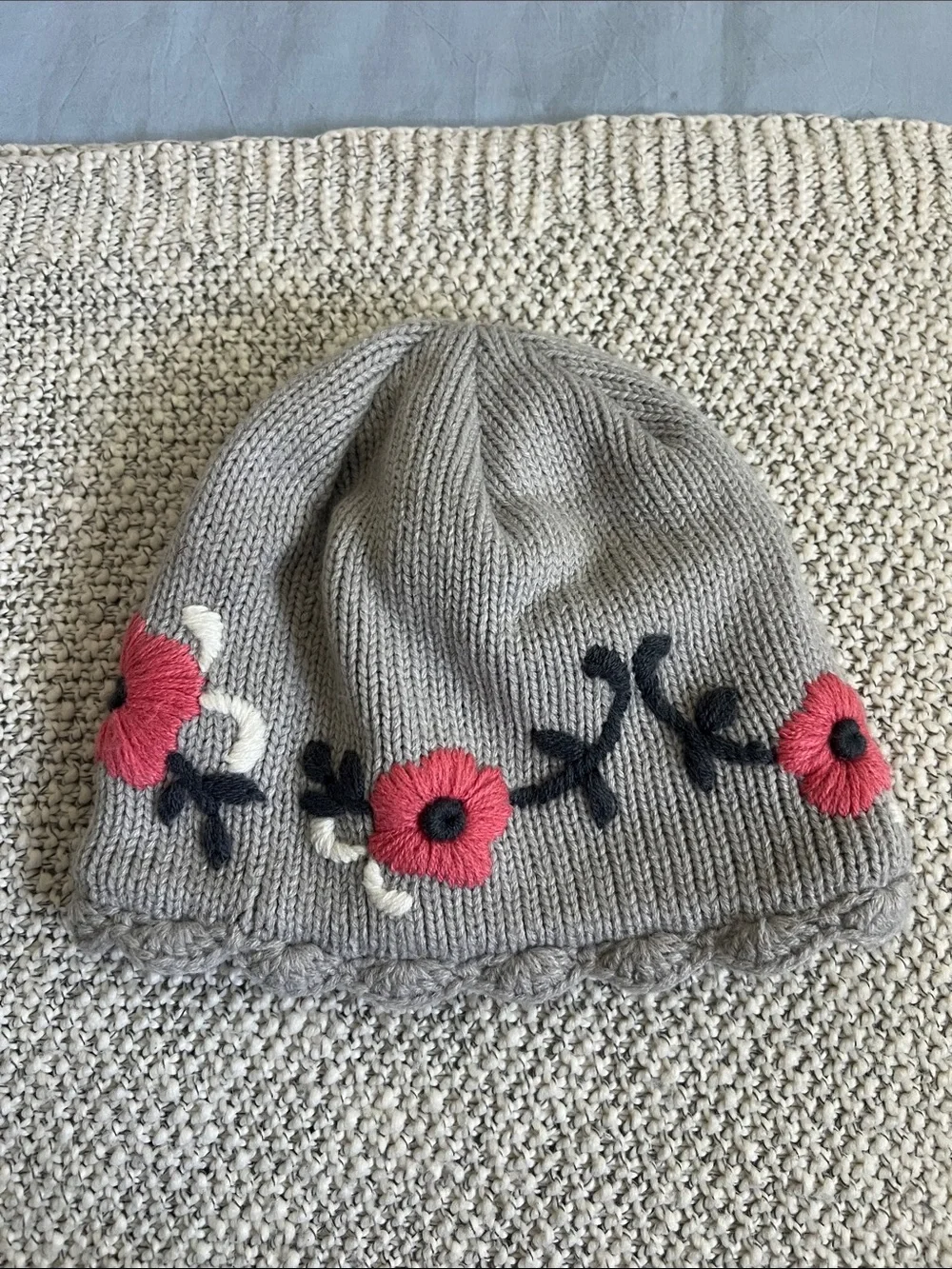 Carhartt Women’s Grey Knit Beanie with Pink Floral Embroidery